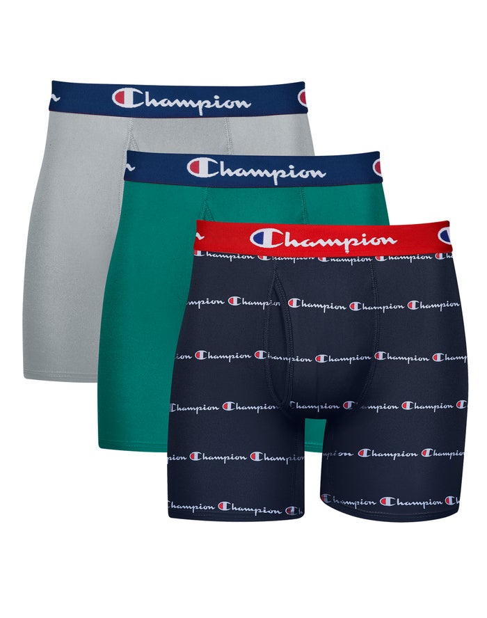 Champion Mens Boxer Briefs NZ - Lightweight & Breathable 3-Pairs Grey/Green/Navy ( 1364-WFZMQ )